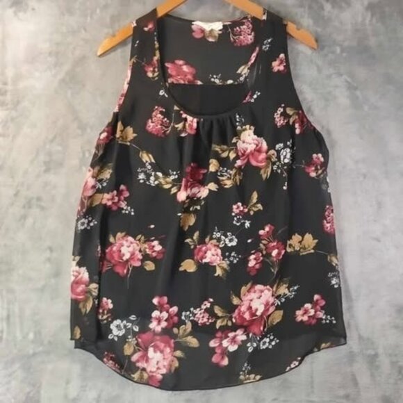 Maeve Tops - Mauve Women’s Floral Sleeveless 1X Black Pink Sheer Layered Boho Everday Top